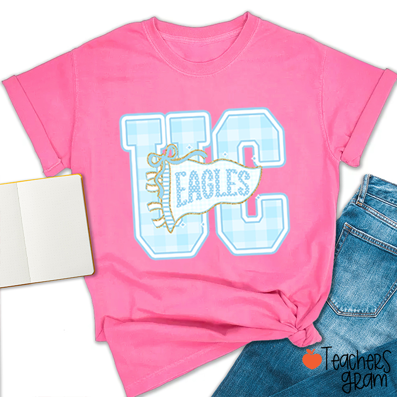Personalized Mascot Gingham Varsity Letter Bow Teacher T-Shirt