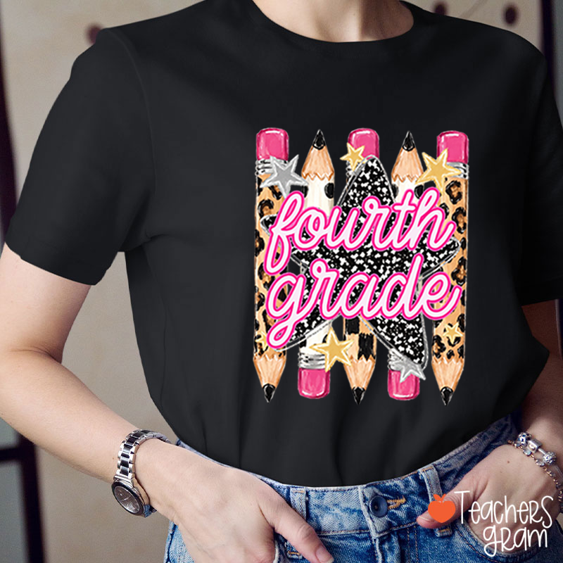 Personalized Grade Name Leopard Star Pencil Teacher T-Shirt