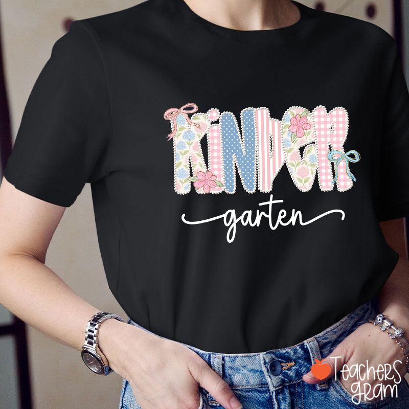 Personalized Grade Gingham Floral Bow Varsity Letter Teacher T-Shirt