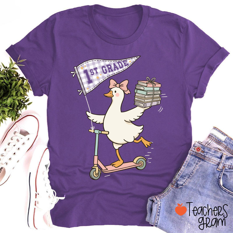 Personalized Grade Scooter Silly Goose Pennant Book Stack Teacher T-Shirt