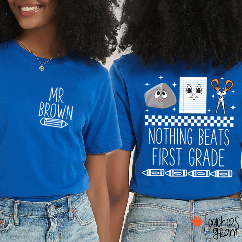 Personalized Grade Rock Paper Scissors Teacher Two Sided T-Shirt