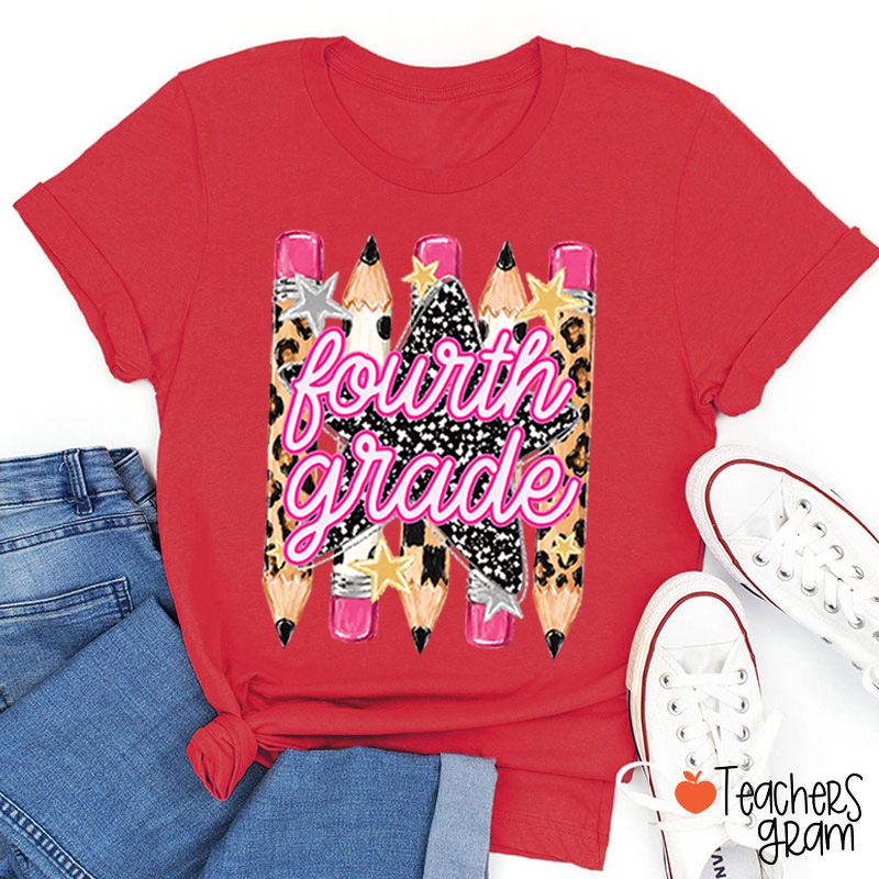 Personalized Grade Name Leopard Star Pencil Teacher T-Shirt