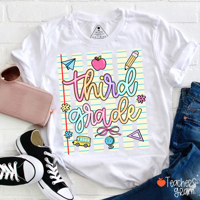 Personalized Grade Notebook Stripes Cute Icons Teacher T-Shirt-Teachersgram