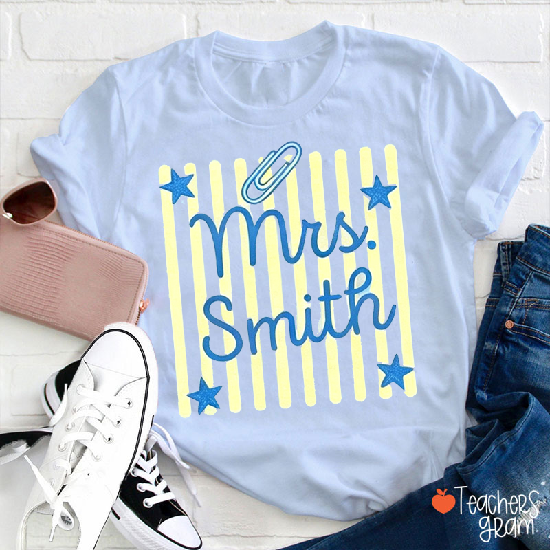 Personalized Name Stripes Star Paperclip Teacher T-Shirt