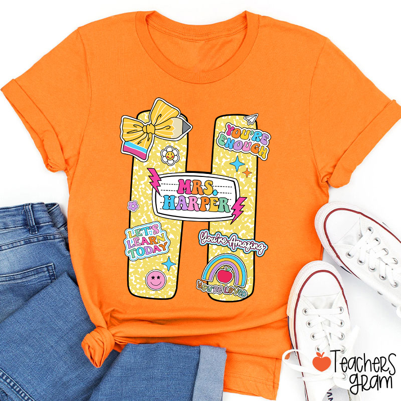 Personalized Notebook Style Letter Name Teacher T-Shirt