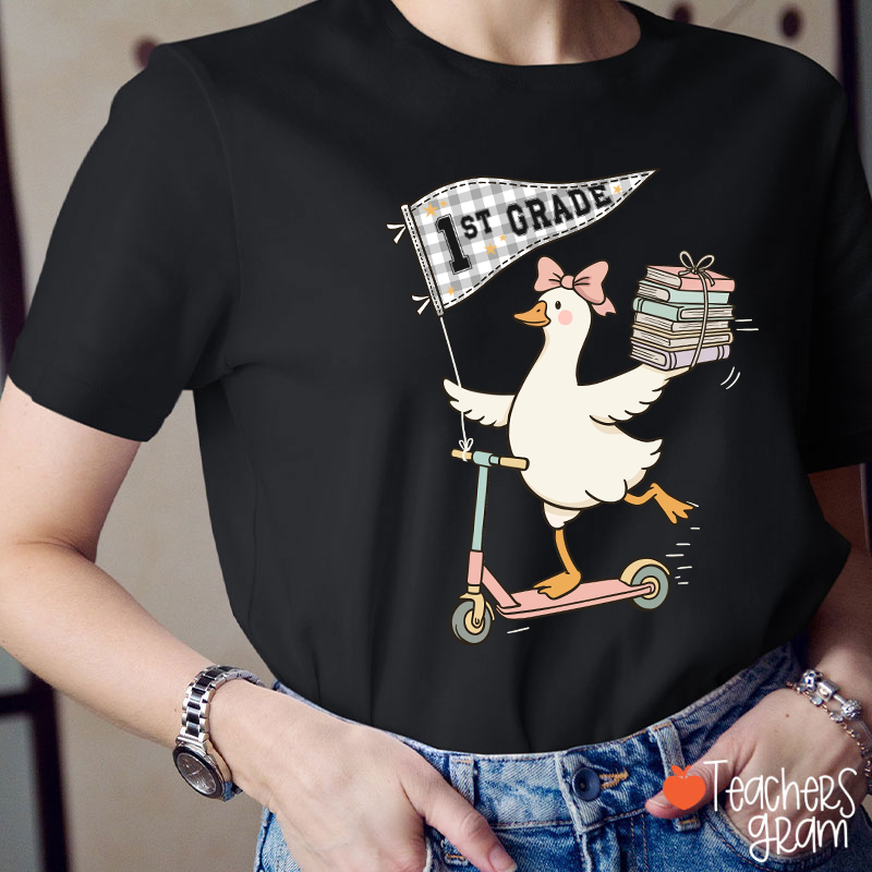 Personalized Grade Scooter Silly Goose Pennant Book Stack Teacher T-Shirt