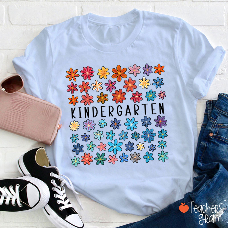 Personalized Grade Colored Flowers Teacher T-Shirt