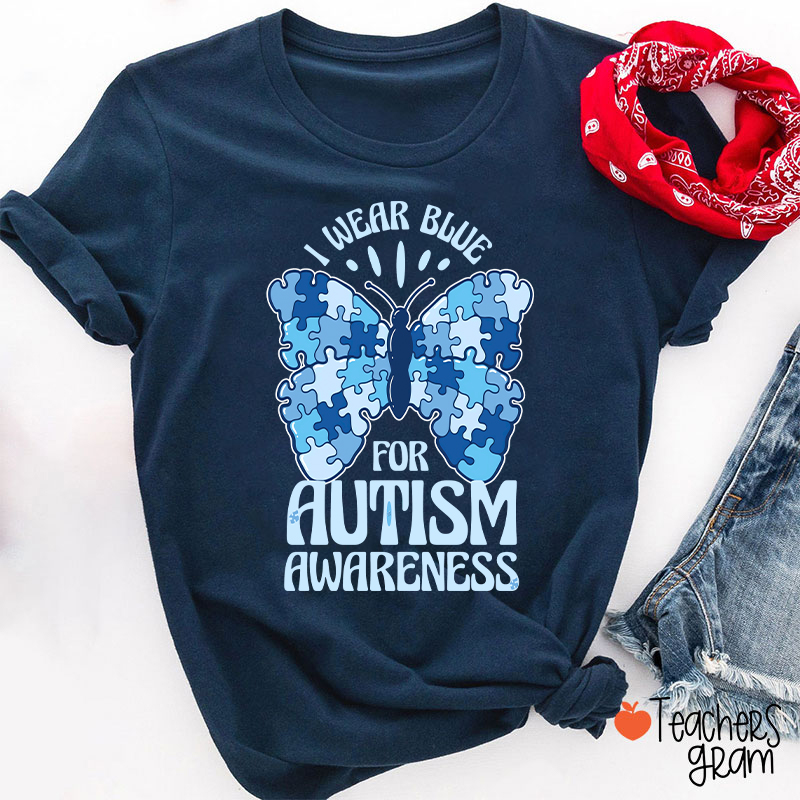 Butterfly Puzzle I Wear Blue For Autism Awareness Teacher T-Shirt