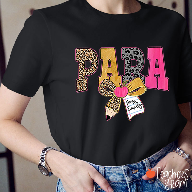 Personalized Wild Leopard Bow Tie Teacher T-Shirt
