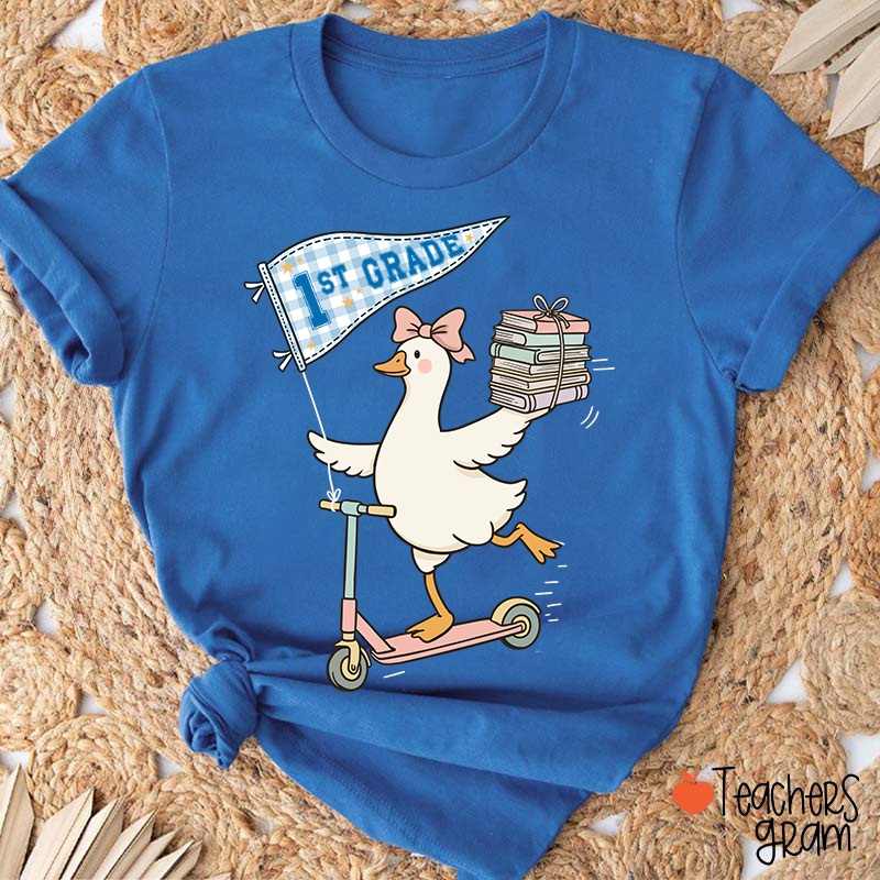 Personalized Grade Scooter Silly Goose Pennant Book Stack Teacher T-Shirt