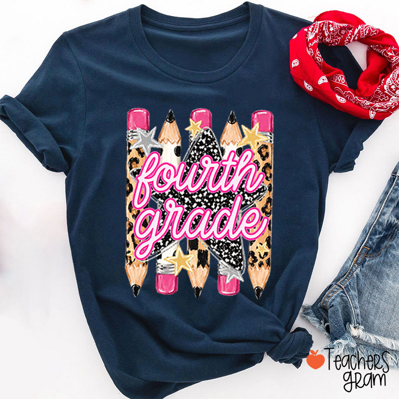 Personalized Grade Name Leopard Star Pencil Teacher T-Shirt
