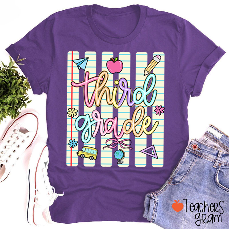 Personalized Grade Notebook Stripes Cute Icons Teacher T-Shirt