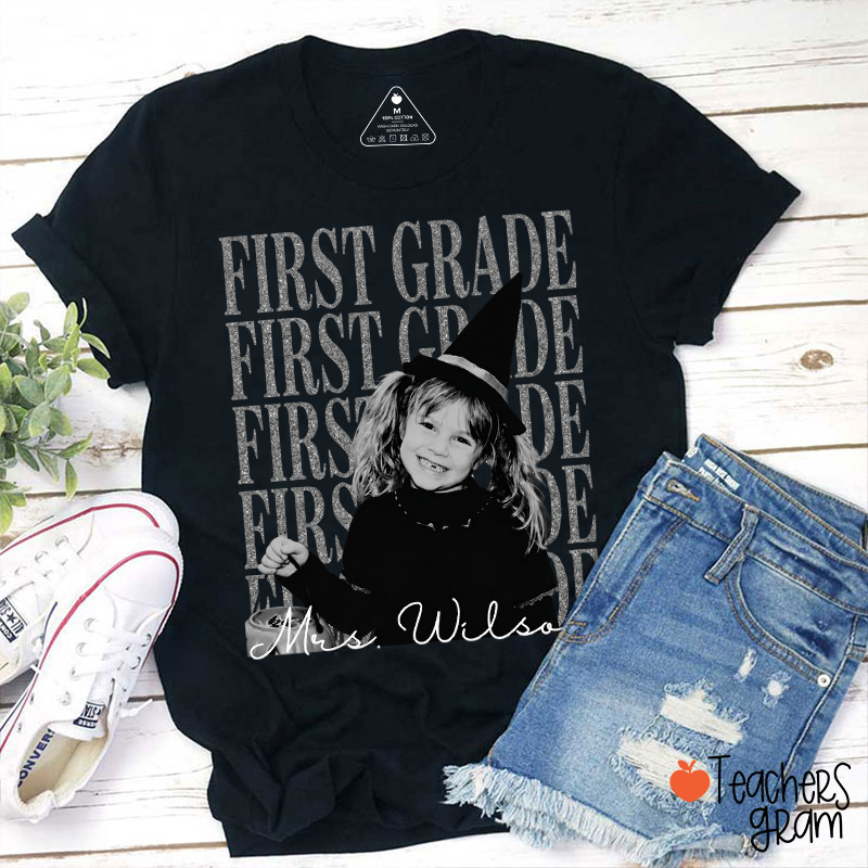 Personalized Grade Name Witch Photo Glitter Text Teacher T‑Shirt