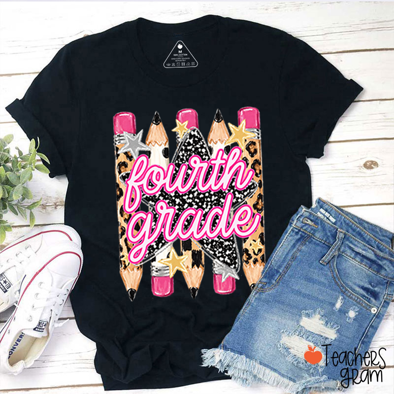 Personalized Grade Name Leopard Star Pencil Teacher T-Shirt