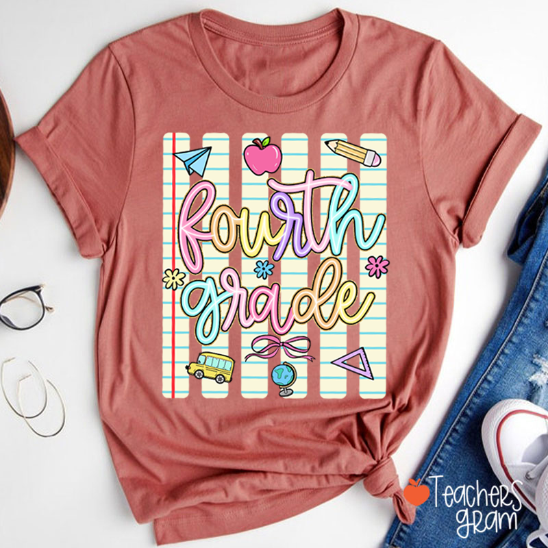 Personalized Grade Notebook Stripes Cute Icons Teacher T-Shirt