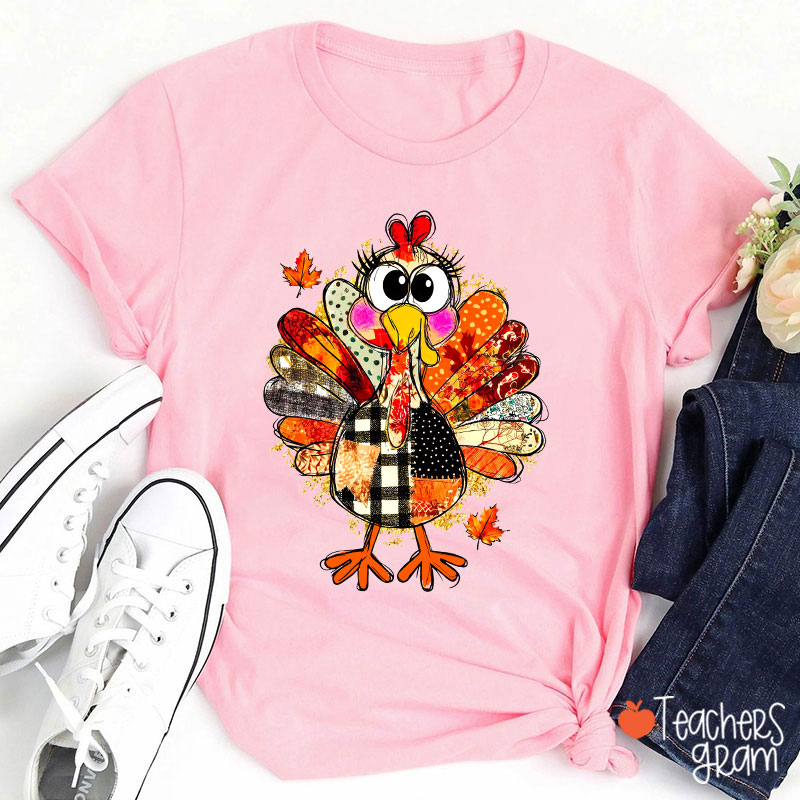 Collage Of Flowers And Thanksgiving Turkey Teacher T-Shirt