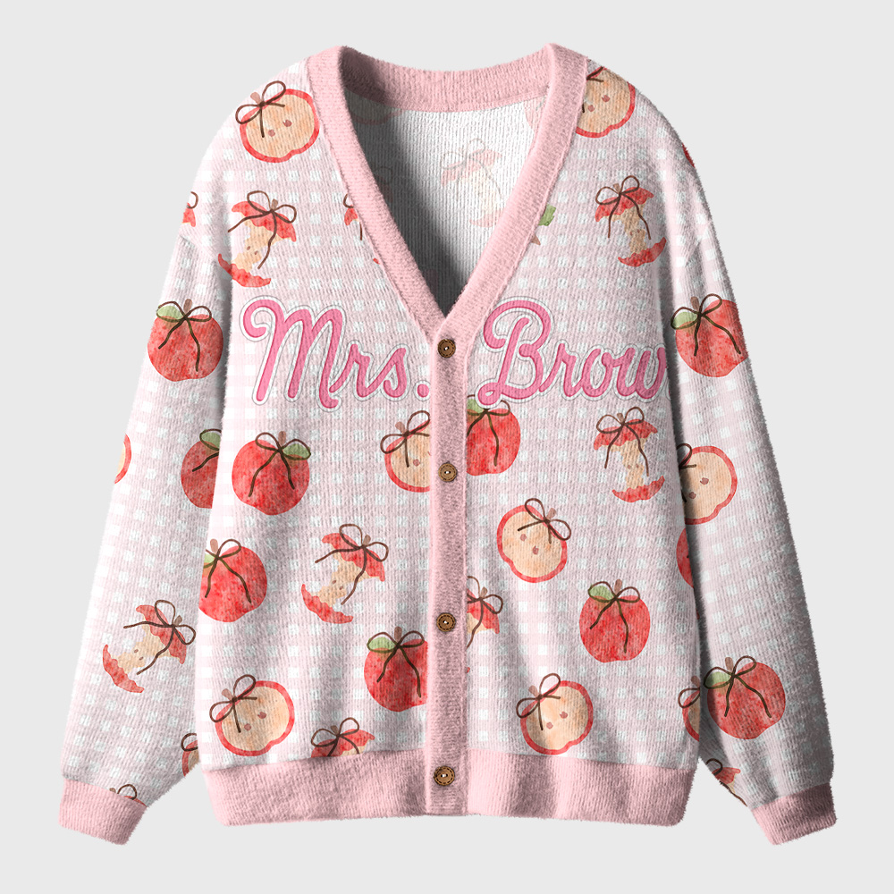 Personalized Name Apple Gingham Teacher Ugly Cardigan Sweaters