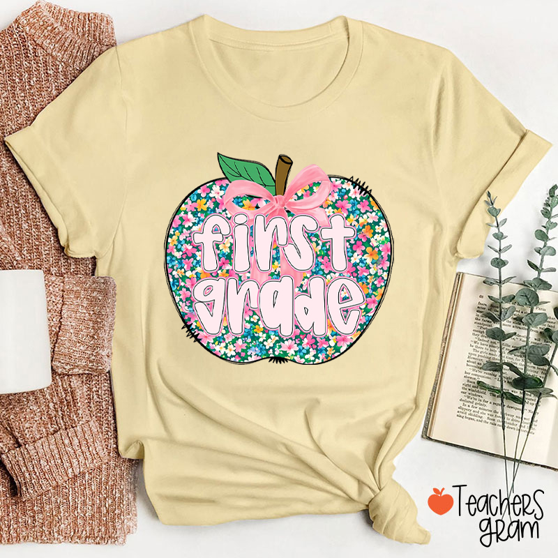 Personalized Grade Flowers Apple Teacher T-Shirt