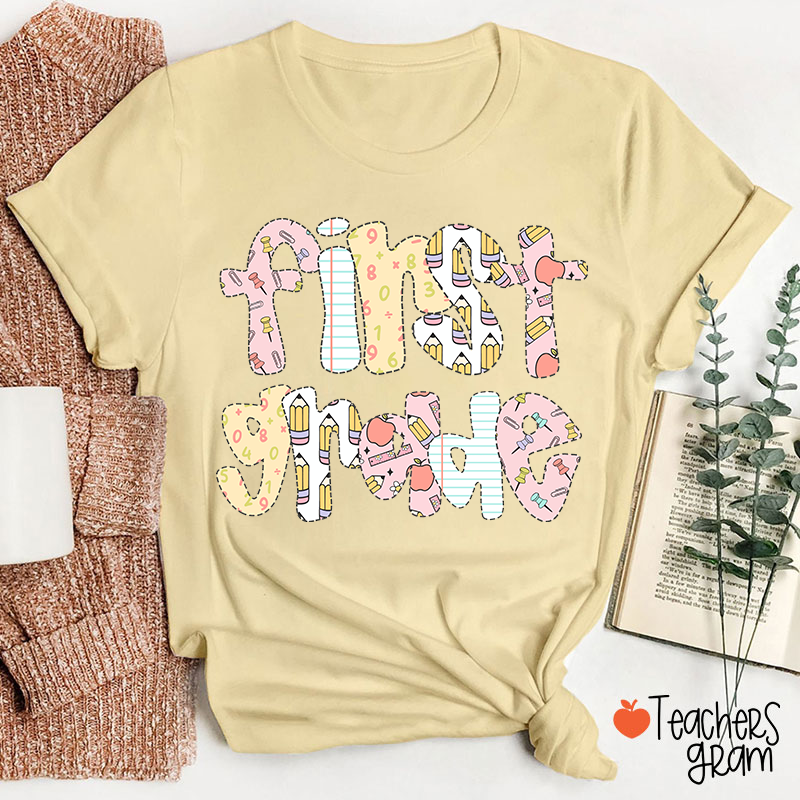 Personalized Grade Floral Pencil Notebook Teacher T-Shirt