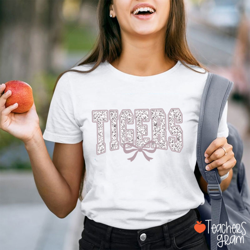 Personalized Mascot Floral Printing Coquette Bow Teacher T-Shirt