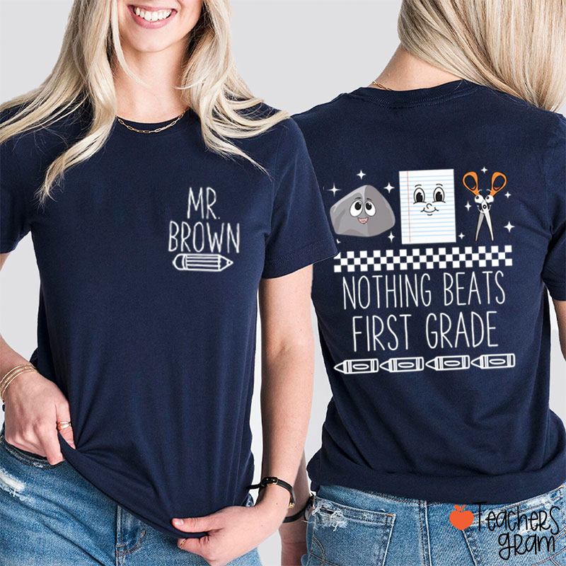 Personalized Grade Rock Paper Scissors Teacher Two Sided T-Shirt