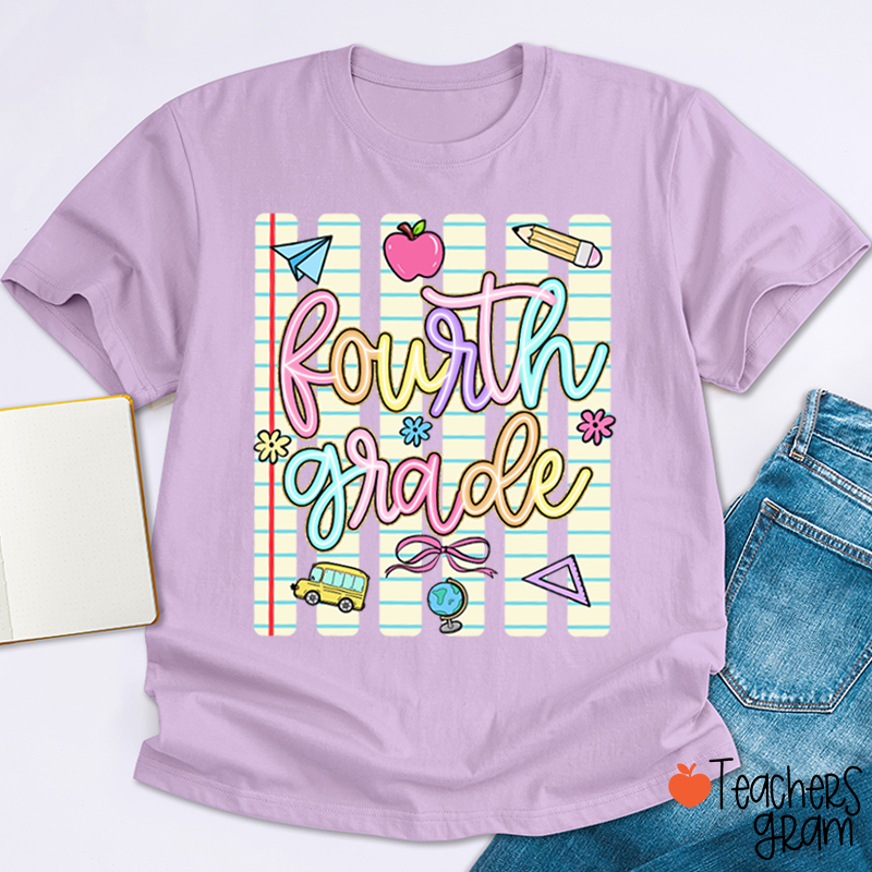 Personalized Grade Notebook Stripes Cute Icons Teacher T-Shirt