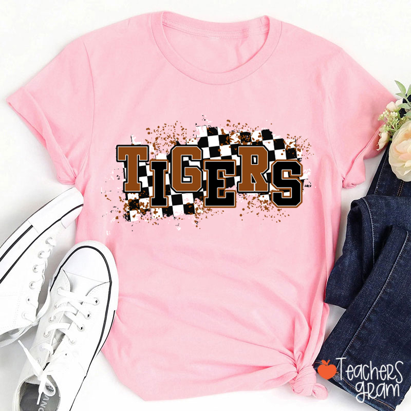 Personalized Mascot School Spirit Checkered Print Teacher T-Shirt