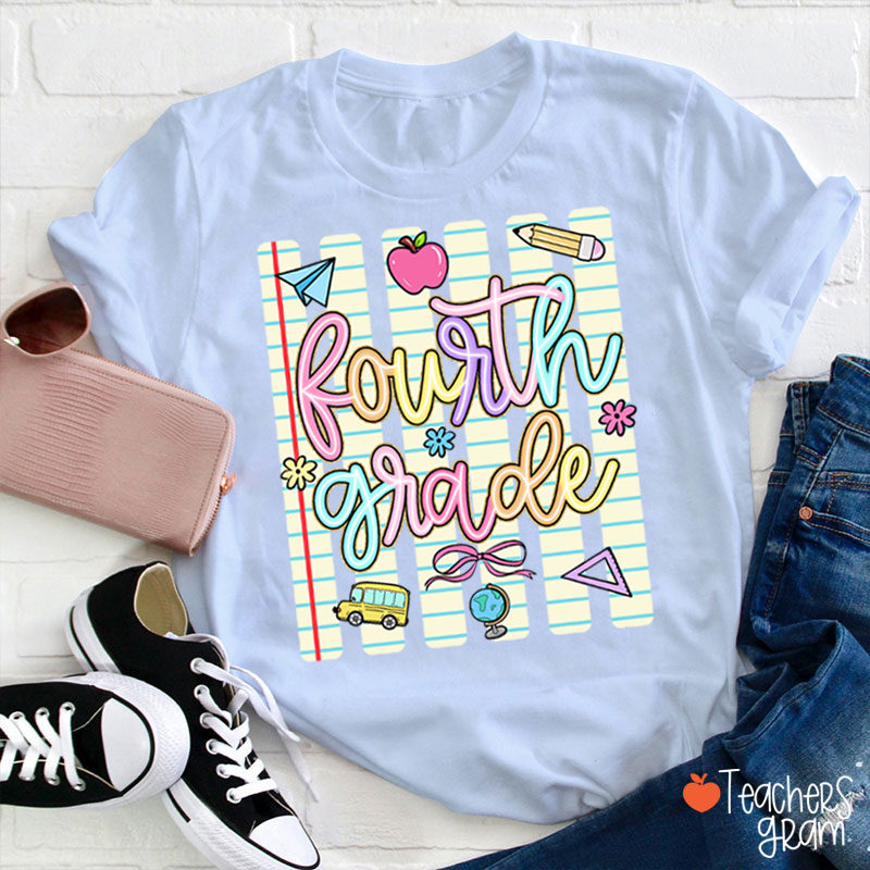 Personalized Grade Notebook Stripes Cute Icons Teacher T-Shirt