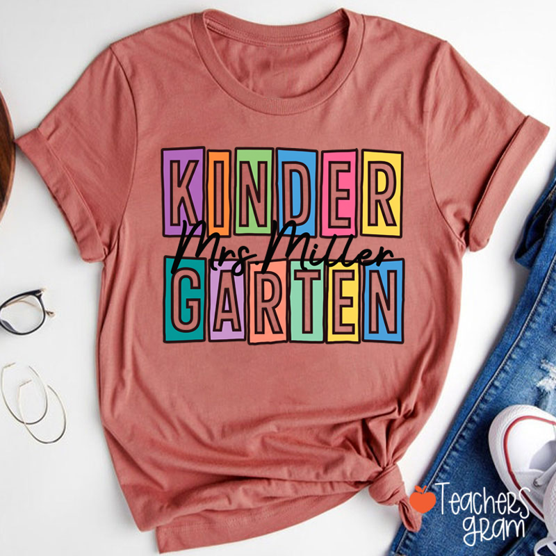 Personalized Name And Grade Colorful Block Letter Cursive Script Teacher T-Shirt