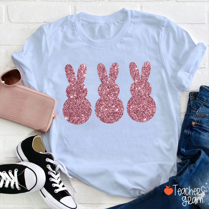 Three Glitter Cute Bunnies Teacher T-Shirt