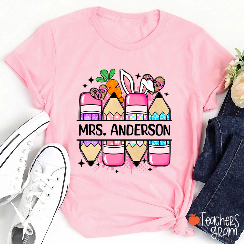 Personalized Easter Printed Pencil Teacher T-Shirt