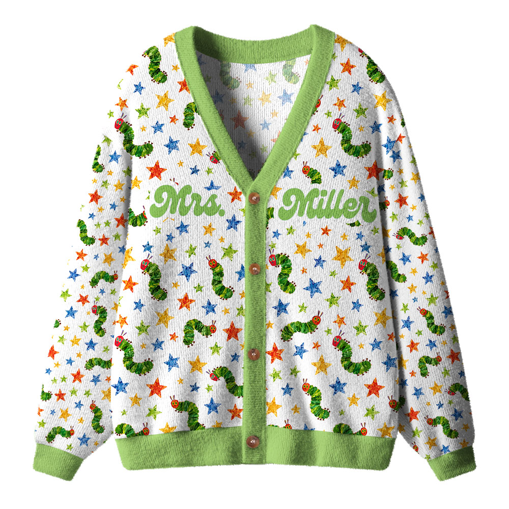 Personalized Name Star Caterpillar Teacher Ugly Cardigan Sweaters