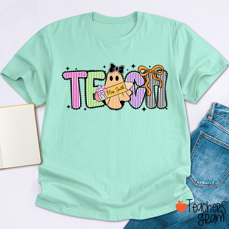 Personalized Name Preppy Teach Boo Ghost Coquette Teacher T-Shirt