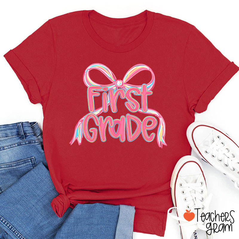 Personalized Grade Pink Bow Teacher T-Shirt