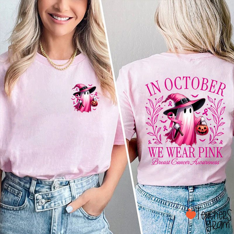 Halloween Beautifully Ghost Picture Breast Cancer Awareness Two Sided T-Shirt