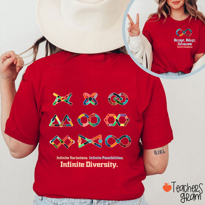 Accept Adapt Advocate Autism Acceptance Teacher Two Sided T-Shirt