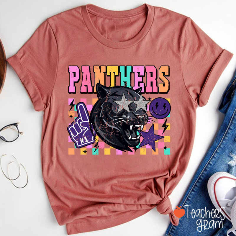 Personalized Starry Eyes Mascot Colored Checkered Teacher T-Shirt