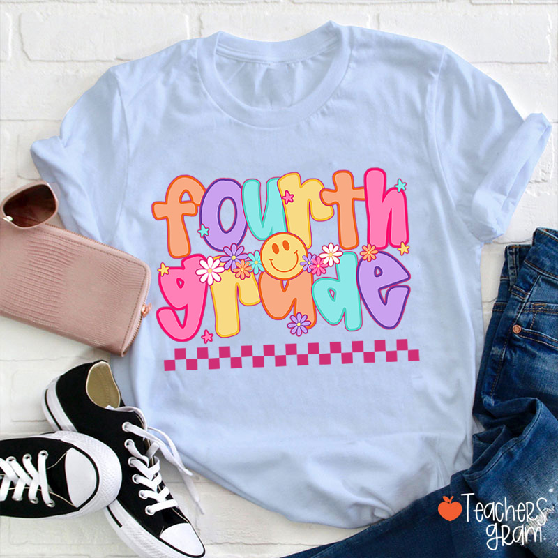 Personalized Grade Candy Color Fonts Checkered Teacher T-Shirt