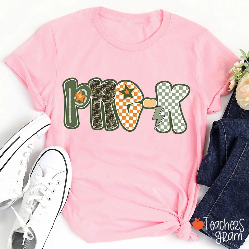 Personalized Grade Green Checkerboard Star Lightning Teacher T-Shirt