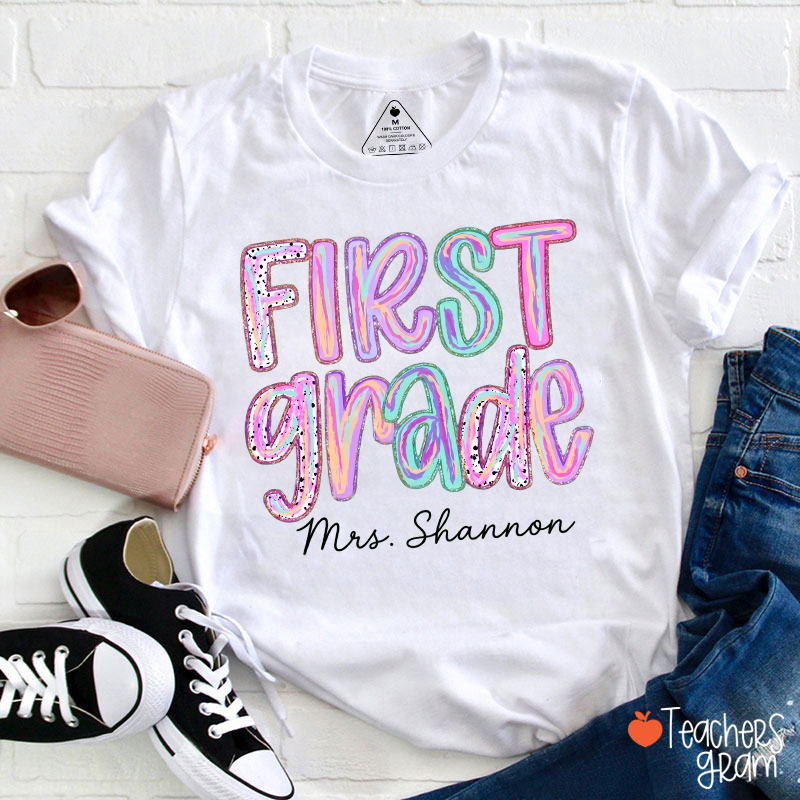 Personalized Grade Rainbow Doodle Name Teacher T-Shirt