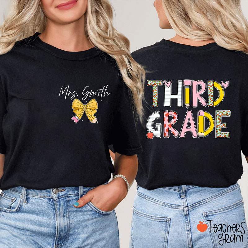 Personalized Grade Stationery  Heart Apple Pencil Teacher Two Sided T-Shirt