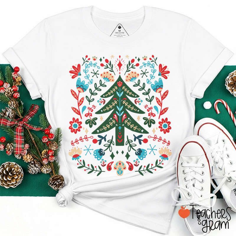 Folk Art Floral Christmas Tree Teacher T-Shirt