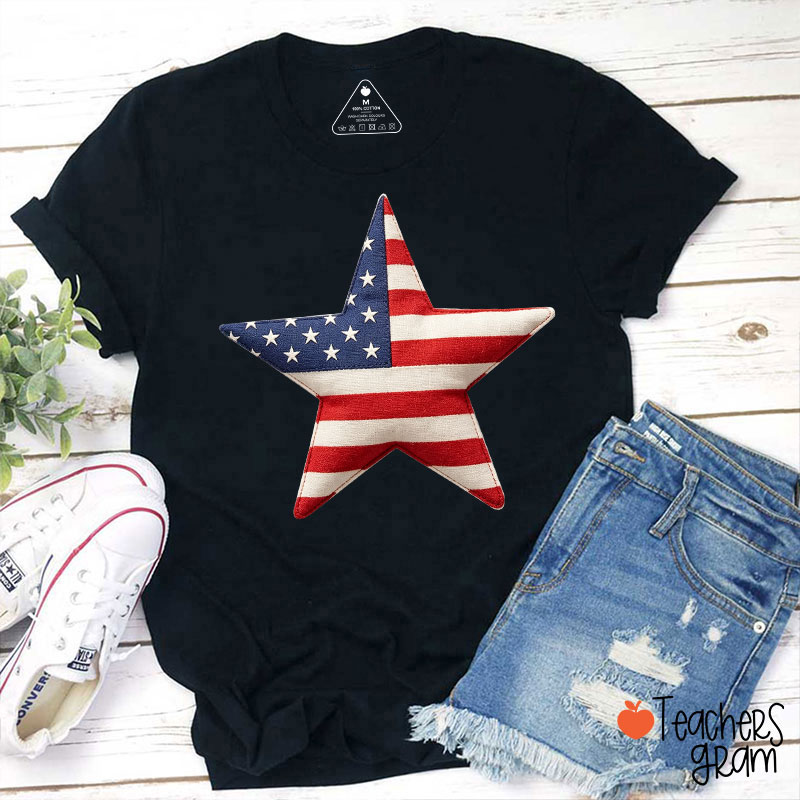 Faux Patchwork American Flag Star Teacher T-Shirt