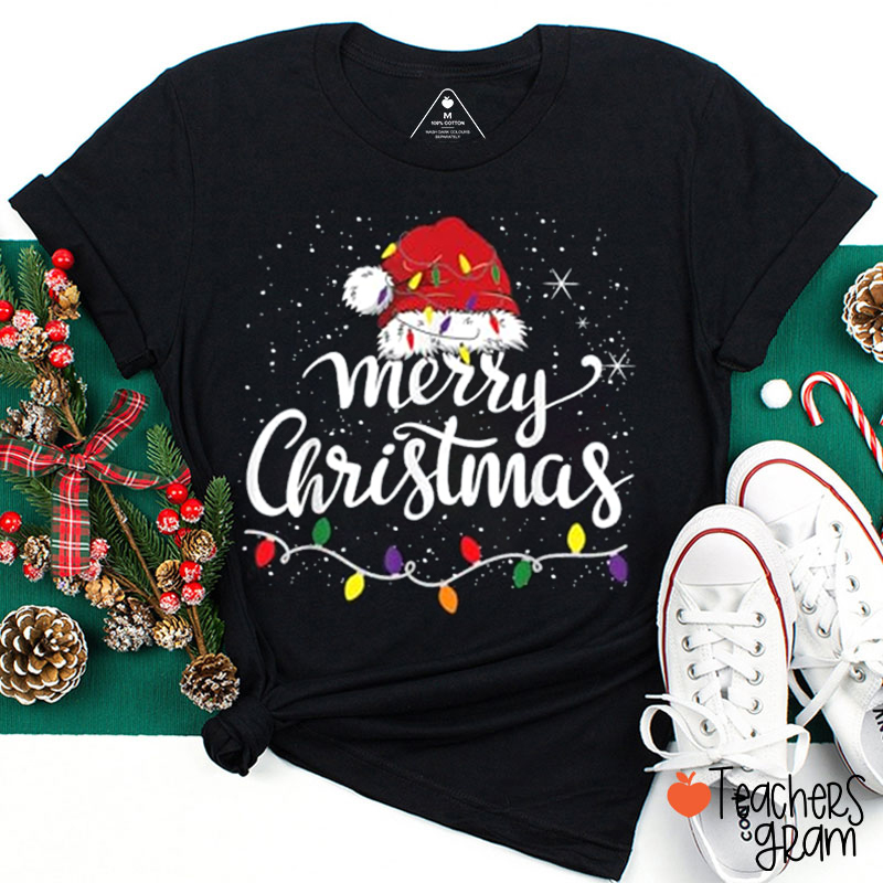 Merry Christmas Santa Hat Christmas Lights Teacher T-Shirt