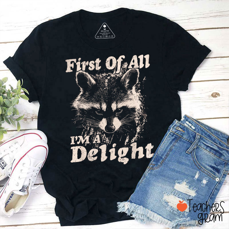 Funny Raccoon First Of All I Am A Delight Teacher T-Shirt