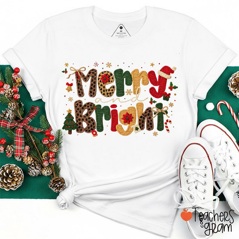 Faux Yarn Merry Bright Teacher T-Shirt