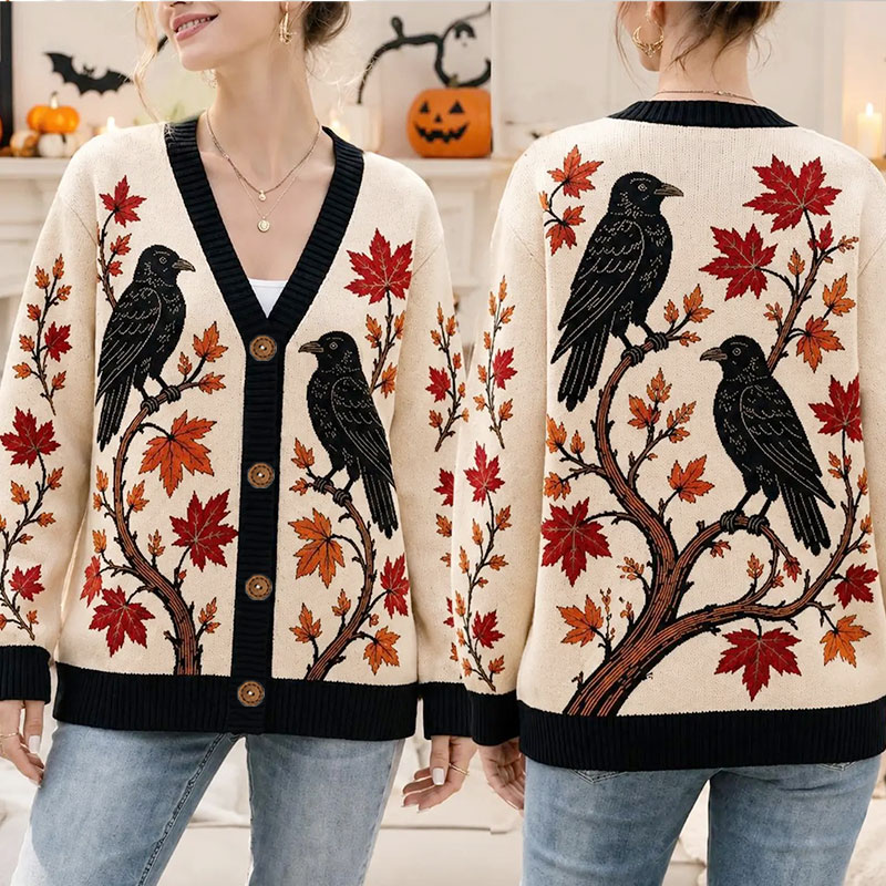 Autumn Raven Maple Leaf Teacher Ugly Cardigan Sweaters