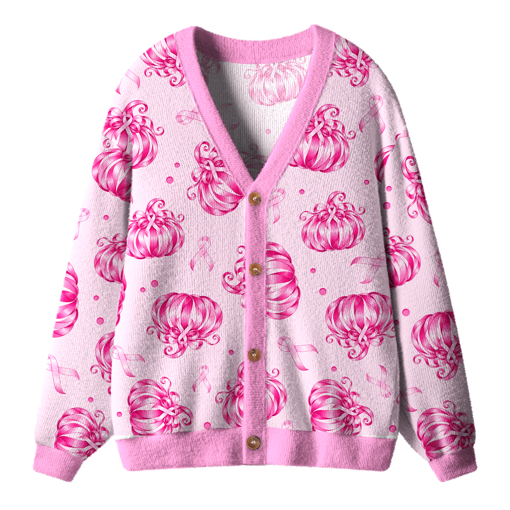 Pink Ribbon Bow Pumpkin Fall Teacher Ugly Cardigan Sweaters