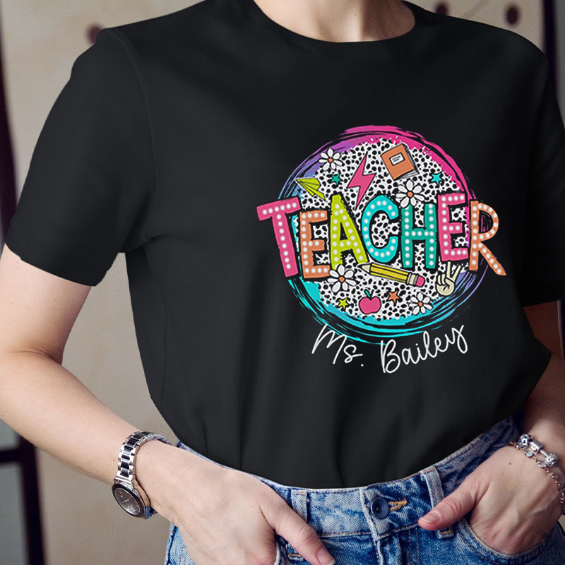 Personalized Teacher's Name And Text Cute Icon Leopard Teacher T-Shirt