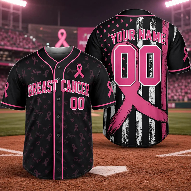 Personalized Name Number Pink Ribbon Flag Stripe Baseball Jersey